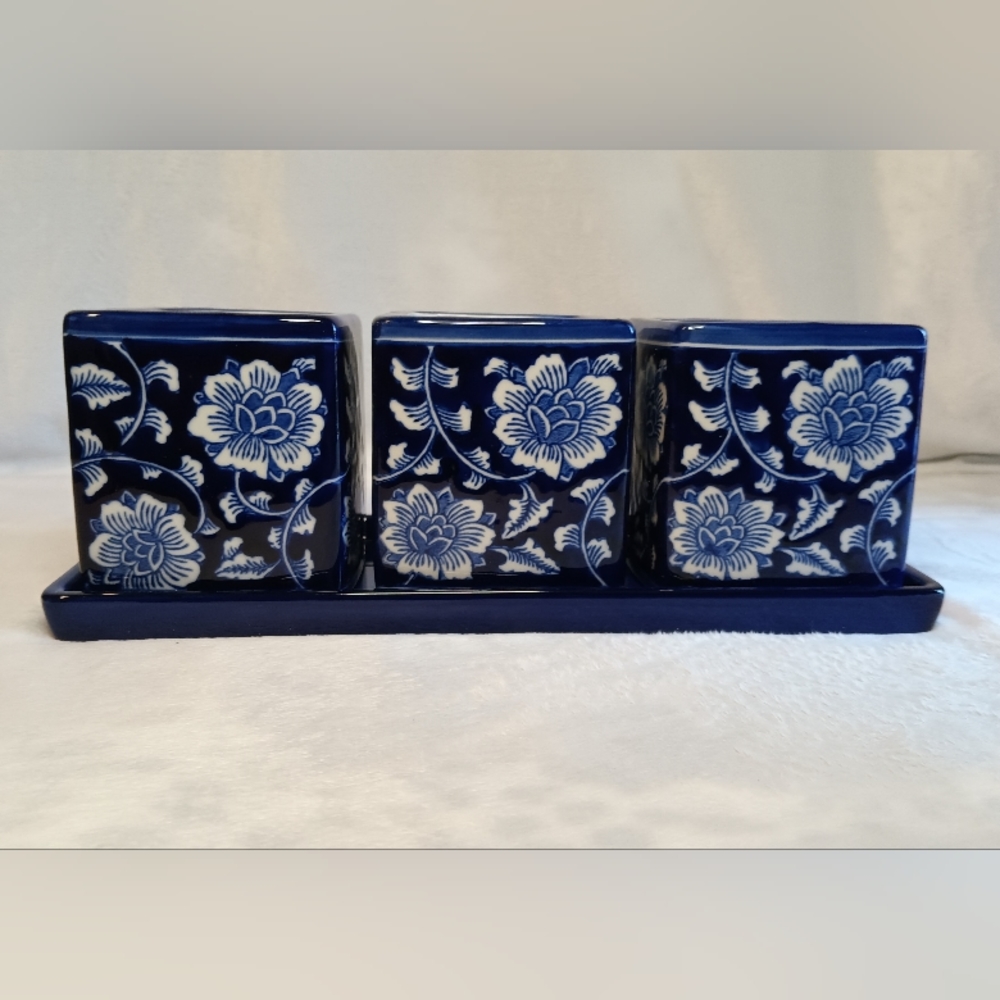 Blue and White Ceramic Herb Tray with Pots, Set of 3